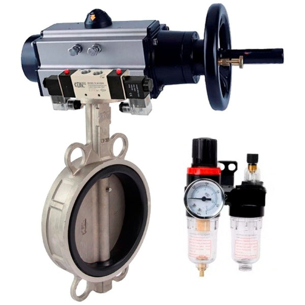 Butterfly valve Elephant WBV3232E-2W-Fb-H, body material - stainless steel AISI 316L, disk material - stainless steel AISI 316L, seal - EPDM, with pneumatic actuator double action PA-DA-105-1, 4V320-08 220V, BPV AFC2000