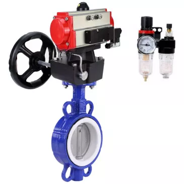 Water Butterfly Valve Elephant WBV3432P-2W-Fb-H, body - carbon steel WCB, seal - PTFE, with pneumatic actuator PA-DA, with pneumatic distributor 4V320-08 220V, manual override MON, BPV AFC2000