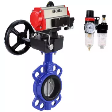 Water Butterfly Valve Elephant WBV3432V-2W-Fb-H, body - carbon steel WCB, seal - VITON, with pneumatic drive PA-DA, with pneumatic distributor 4V320-10 220V, manual override MON, BPV AFC2000