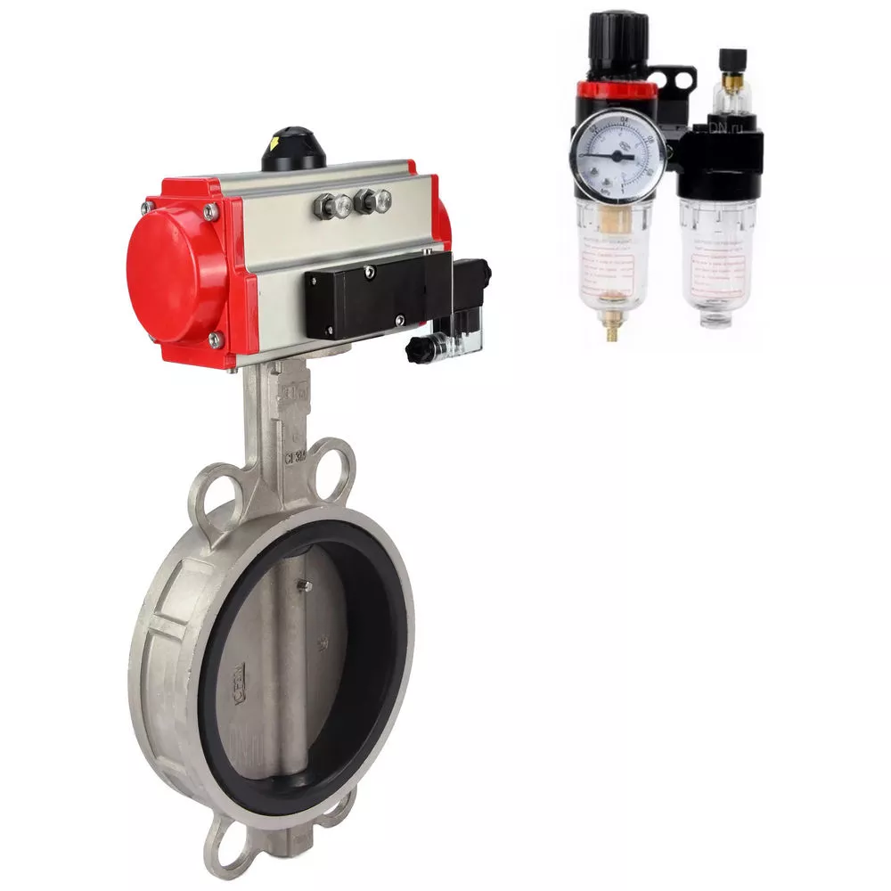 Water Butterfly Valve Elephant WBV3232V-2W-Fb-H, body - stainless steel 316L, disk - stainless steel 316L, seal - VITON, with pneumatic drive PA-SA, with pneumatic distributor 4V320-10 220V, BPV AFC2000