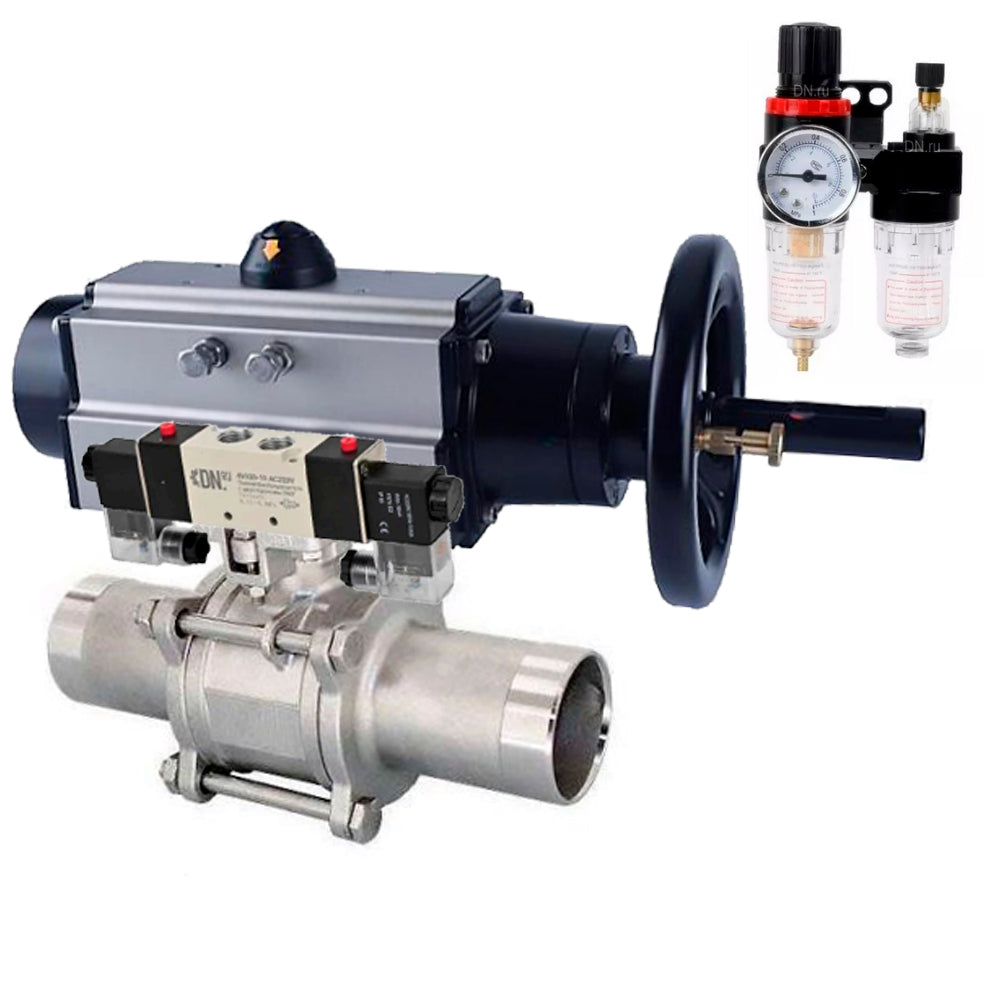 Ball valves Elephant BV3232P(3pc)-FP-W-ISO-H LONG,  body material - Stainless steel AISI 316, seal - PTFE / PTFE / Teflon, with pneumatic actuator double action PA-DA-105-1, 4V320-10 220VBPV AFC2000