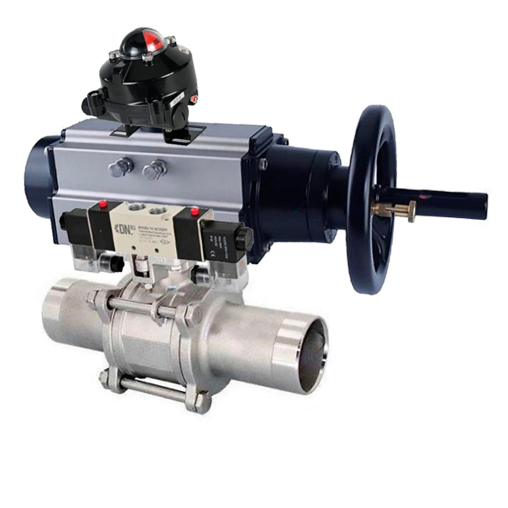 Ball valves Elephant BV3232P(3pc)-FP-W-ISO-H LONG,  body material - Stainless steel AISI 316, seal - PTFE / PTFE / Teflon, with pneumatic actuator double action PA-DA-105-1, 4V320-10 220V, BKV APL-510N Ex