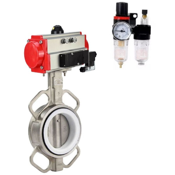 Butterfly valve Elephant WBV3232P-2W-Fb-H, body material - stainless steel AISI 316L, disk material - stainless steel AISI 316L, seal - PTFE, with pneumatic actuator double action PA-DA, 4V320-10 220V, BPV AFC2000