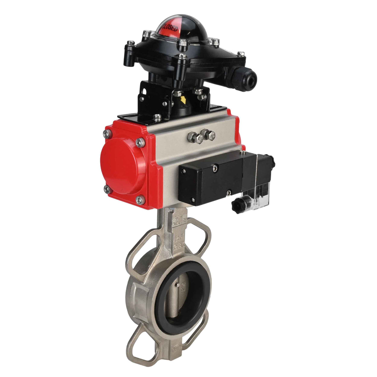 Water butterfly valve Elephant 316L-316L-EPDM body material - stainless steel aisi 316l, disk material - stainless steel AISI 316L, seal - EPDM with pneumatic actuator with return springs Elephant SA and pneumatic distributor 4M310-08 220V and limit