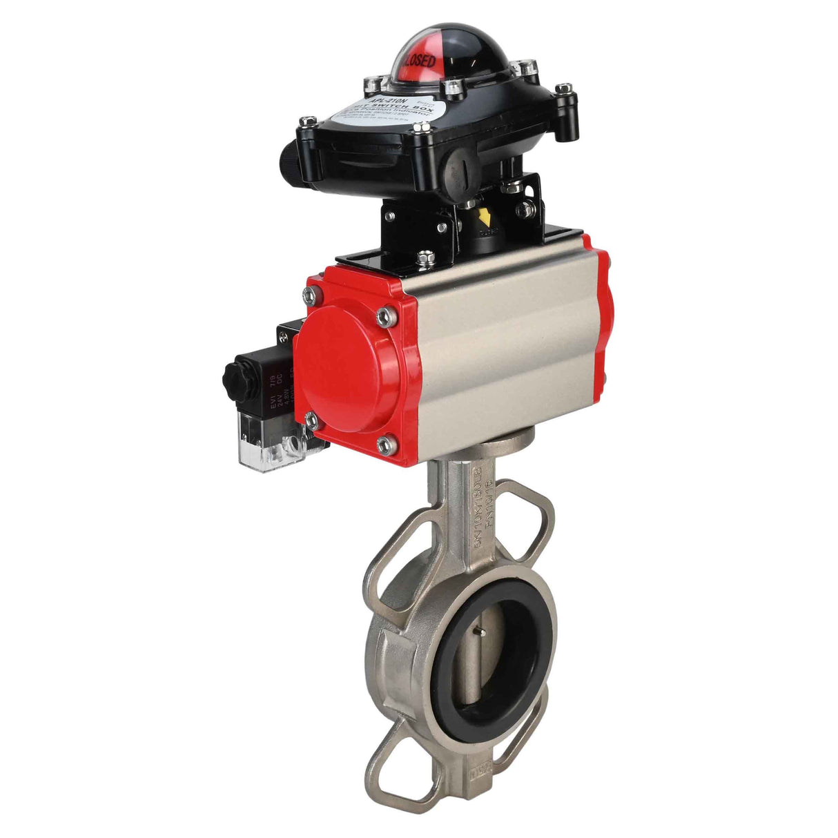 Water butterfly valve Elephant 316L-316L-EPDM body material - stainless steel aisi 316l, disk material - stainless steel AISI 316L, seal - EPDM with pneumatic actuator with return springs Elephant SA and pneumatic distributor 4M310-08 220V and limit