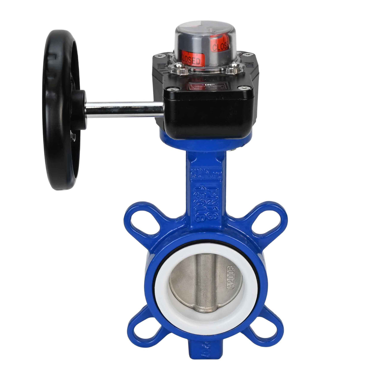 Water Butterfly Valve Elephant WCB-316L-PTFE-HGB, body material - carbon steel WCB, disk material - stainless steel AISI 316L, seal - PTFE, gear operated