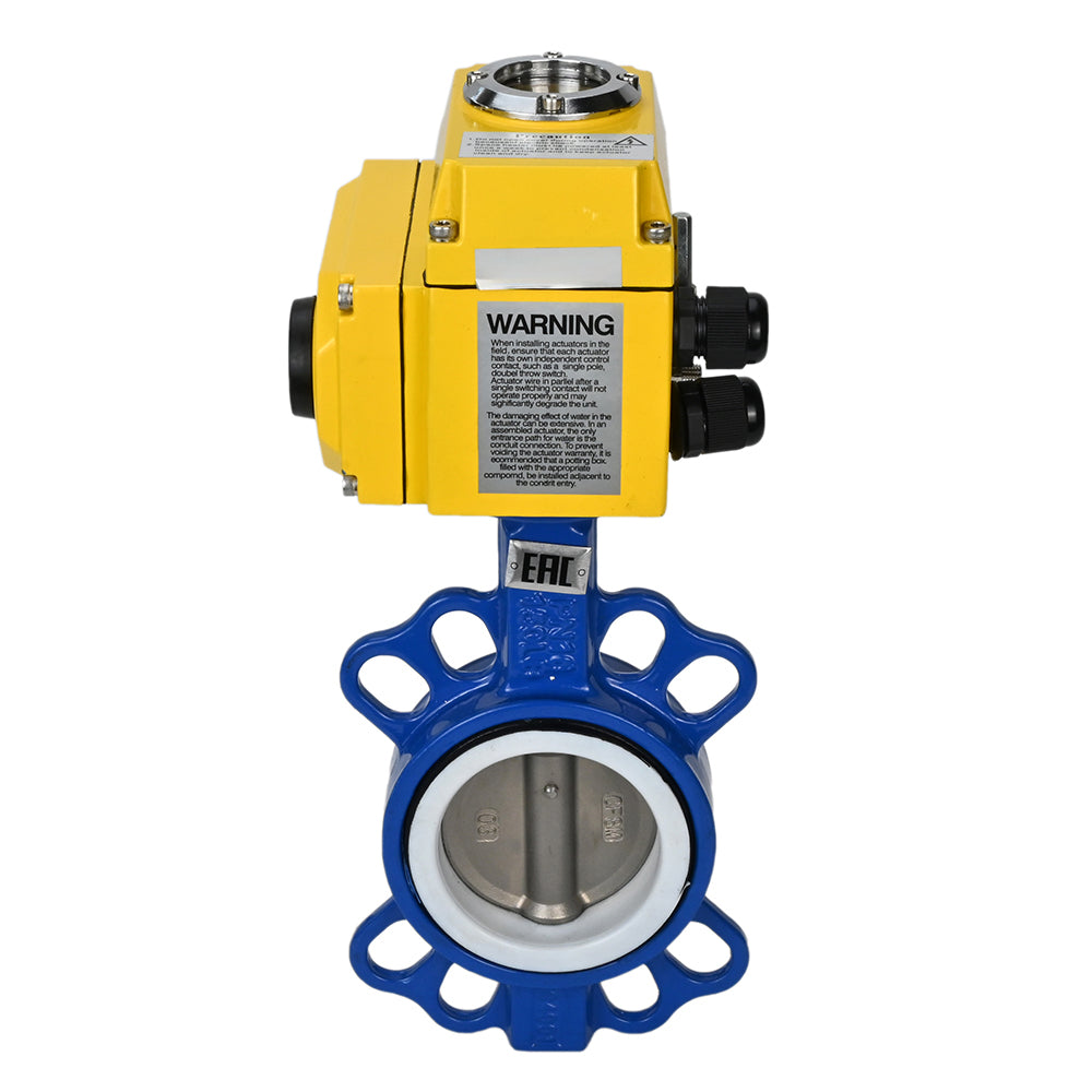 Water Butterfly Valve Elephant WCB-316L-PTFE-ELEPHANT-380, body material - carbon steel WCB, disk material - stainless steel AISI 316L, seal - PTFE, electric actuator operated