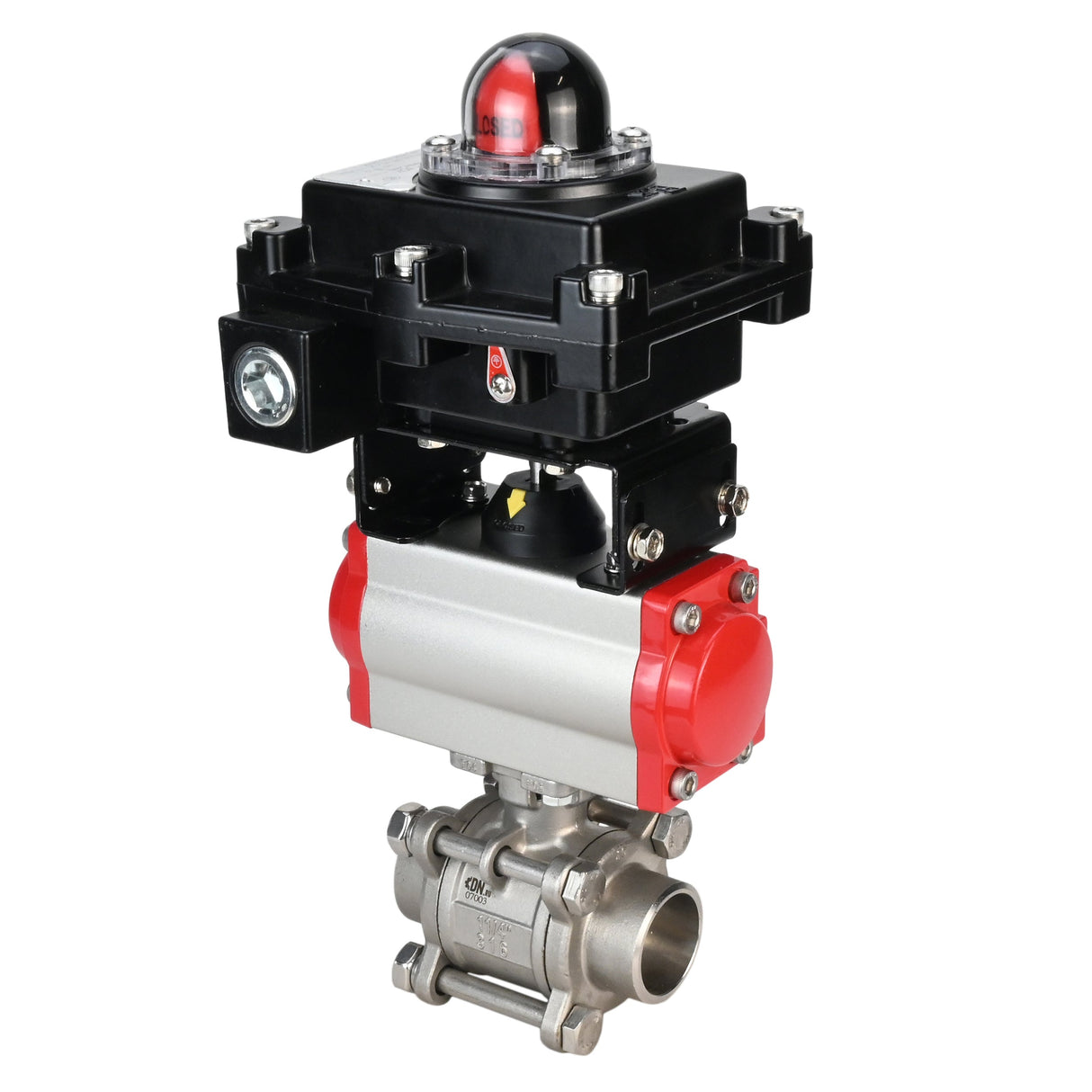 Stainless steel ball valve Elephant BVPP 316.200-ISO 63 bar SS316 full port, for welding, body material - stainless steel, pneumatic actuator Elephant SA, pneumatic distributor 4M310-08 220 V, limit switch block APL-410N EX