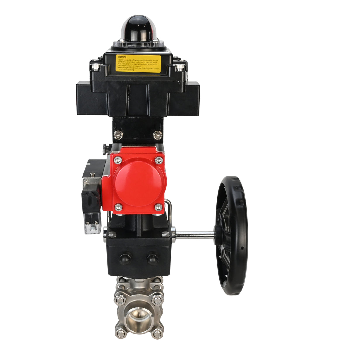 Stainless steel ball valve Elephant BVPP 316.200-ISO PSI914 SS316 full port, for welding, body material - stainless steel, pneumatic actuator Elephant SA, pneumatic distributor 4M310-08 220 V, limit switch block APL-410N EX, manual override HDM