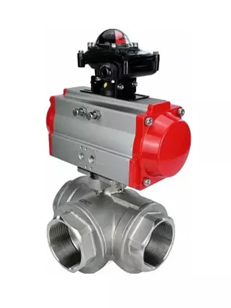 Ball valves Elephant BV3232P-SP-3L-T 3-way L-type, threaded, standard bore, body - stainless steel SS316, seal - PTFE, with pneumatic actuator Elephant PA-DA 052 -083 and BKV APL-510N-EX