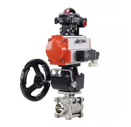 Ball valves Elephant BV3232P(3pc)-FP-W-ISO-H for welding, full bore, stainless steel body. steel SS316, seal - PTFE, with pneumatic drive Elephant PA-DA 052-083 pneumatic distributor 4V320-10 gearbox MON BKV APL-510N-EX