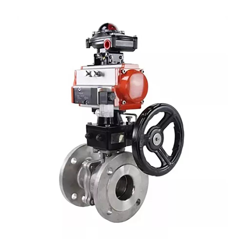 Ball valves Elephant BV3232P(2pc)-FP-F-ISO-H DN15-300 16 bar/16, full bore flanged, stainless steel SS316, PTFE, with double-acting PA-DA pneumatic actuator, with pneumatic distributor 4V320-08 220V, with BKV APL -410N EX, with manual Doubler MON