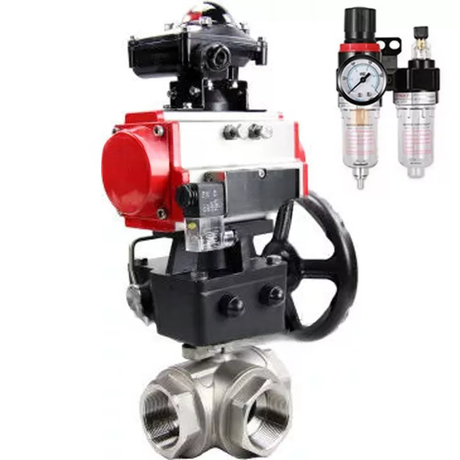 Ball valves Elephant BV3232P-SP-3L-T 3-way L-type, threaded, body - stainless steel SS316, seal - PTFE, with pneumatic drive PA-DA-052-083 pneumatic distributor 4V320-10 gearbox MON BPV AFC2000 BKV APL-510N-EX