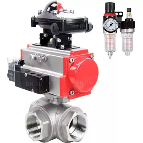 Stainless steel 3-way ball valves L-type standard bore Elephant BV3232P-SP-3WL-T-ISO PA-SA 16 bar, coupling with ISO flange with pneumatic actuators Elephant PA-SA, pneumatic distributor 4M310-08 220V, BKV APL-410N EX and GSV AFC2000