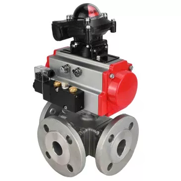 Ball valves Elephant BV3232P(4pc)-FP-3WL-F-ISO-H 16 bar full bore, flanged, body - stainless steel SS316, ISO flange F03/F04-F10/F12, square 9x9-19x19, with pneumatic drive PA-DA, pneumatic distributor 4M310-08 220V and BKV APL-210N