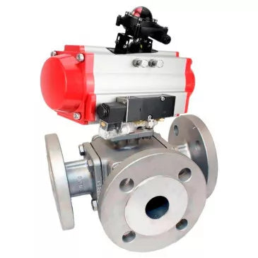 Ball valves Elephant BV3232P(4pc)-FP-3WL-F-ISO-H 16 bar full bore, flanged, body - stainless steel SS316, ISO flange F03/F04-F10/F12, square 9x9-19x19, with pneumatic drive PA-DA double acting, pneumatic valve 4M310-08 24V and BKV AP