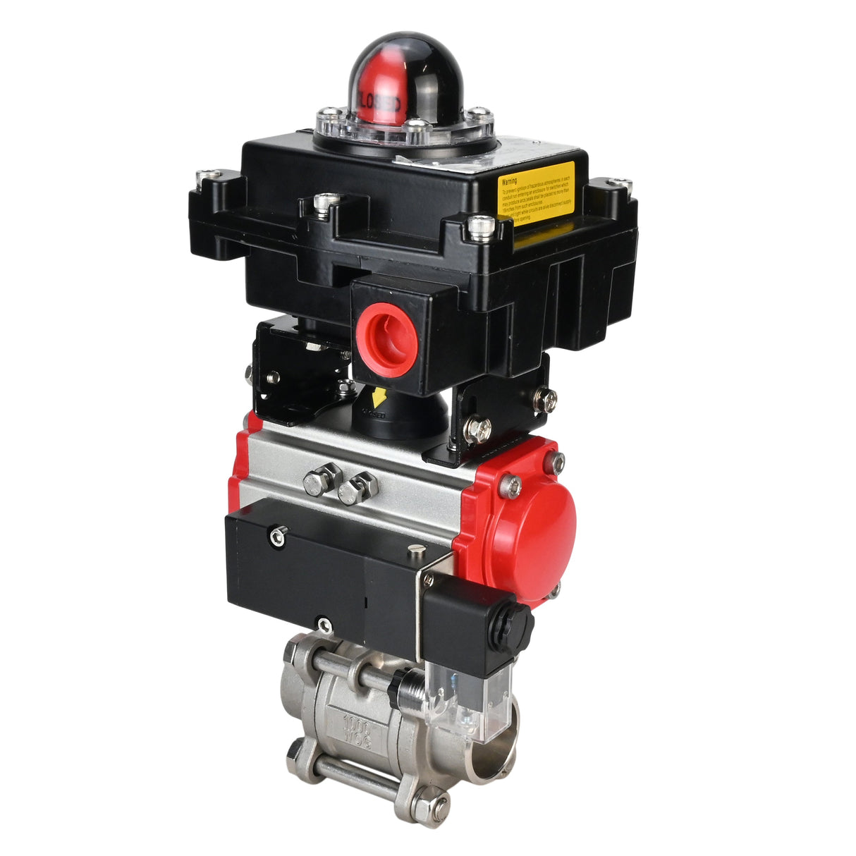 Ball valves Elephant BV3232P(3pc)-FP-W-ISO-H 16 bar/25, full bore for welding, stainless steel SS316, seal - PTFE, with double-acting PA-DA pneumatic actuator, with pneumatic distributor 4V320-10 220V, with LSU APL-410N EX