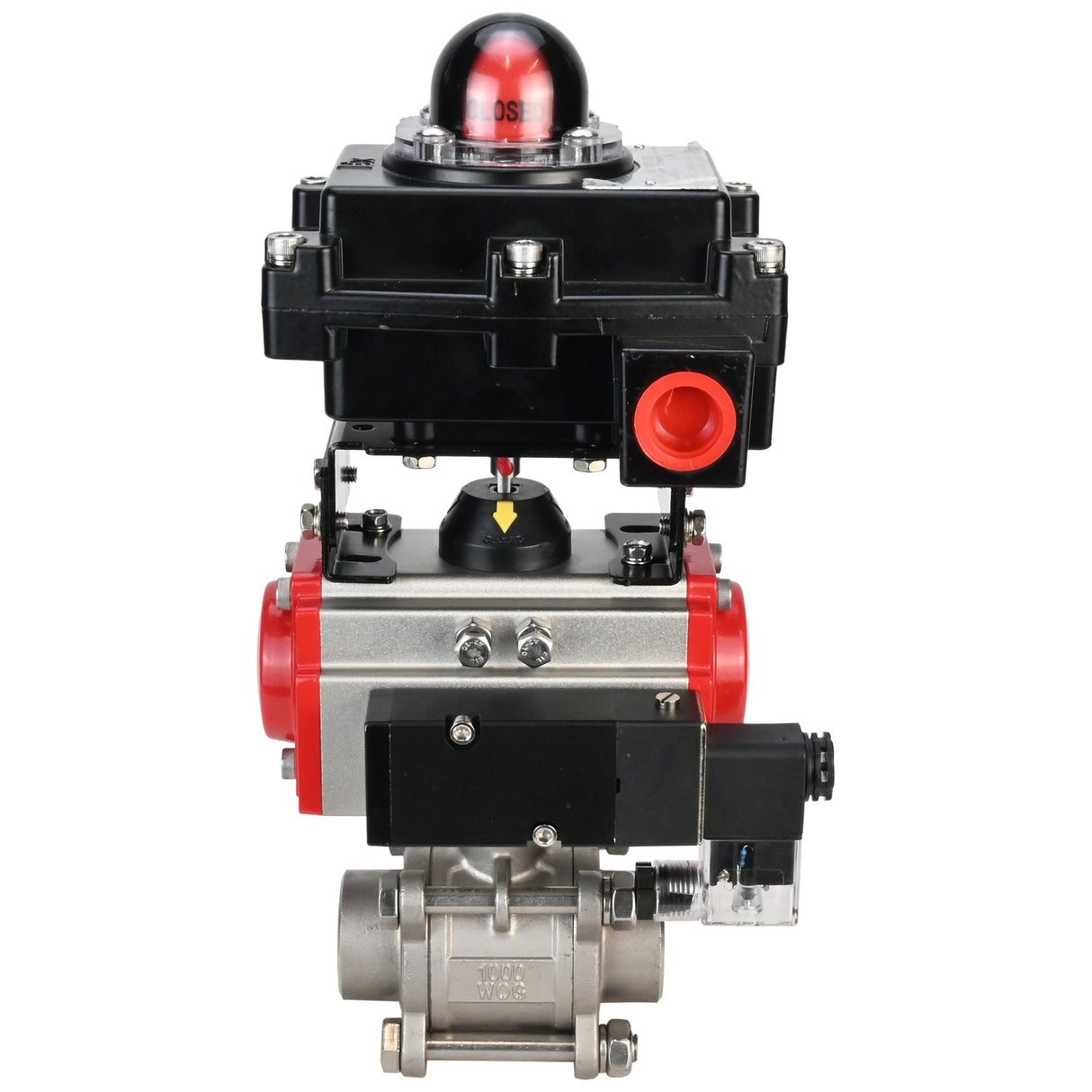Ball valves Elephant BV3232P(3pc)-FP-W-ISO-H 16 bar/25, full bore for welding, stainless steel SS316, seal - PTFE, with double-acting PA-DA pneumatic actuator, with pneumatic distributor 4V320-10 220V, with LSU APL-410N EX