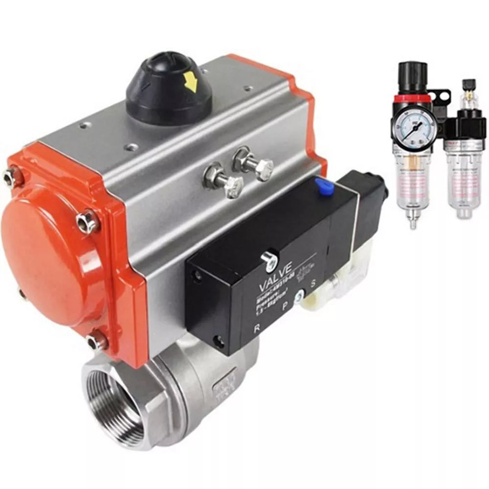 Ball valves Elephant BV3232P(2pc)-FP-T-ISO-H 16 bar, full bore coupling, stainless steel SS316, seal - PTFE, with double-acting PA-DA pneumatic actuator, with pneumatic distributor 4V320-08 220V, with BPV AFC2000