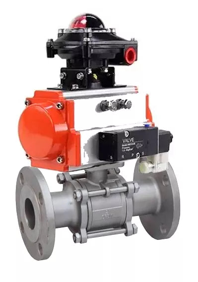 Ball valves Elephant BV3232P(3pc)-FP-F-ISO-H 16 bar, three-piece full bore flanged, stainless steel SS304, seal - PTFE, with pneumatic actuator PA-SA with return springs, with pneumatic distributor 4V320-10 220V