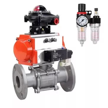 Ball valves Elephant BV3232P(3pc)-FP-F-ISO-H 16 bar, three-piece full bore flanged, stainless steel SS304, seal - PTFE, with double-acting PA-DA pneumatic actuator, with pneumatic distributor 4V320-10 220V, with BKV APL-410N EX