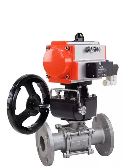 Ball valves Elephant BV3232P(3pc)-FP-F-ISO-H 16 bar, three-piece full bore flanged, stainless steel SS304, seal - PTFE, with double-acting PA-DA pneumatic actuator, with pneumatic distributor 4V320-08 220V, with BKV APL-210N, with BPV AFC2000