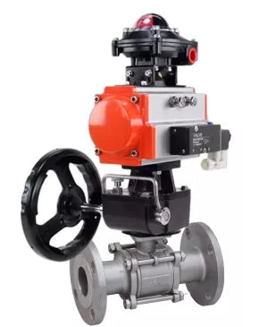 Ball valves Elephant BV3232P(3pc)-FP-F-ISO-H DN15-40 16 bar, three-piece full bore flanged, stainless steel SS304, PTFE, with double-acting PA-DA pneumatic actuator, with pneumatic distributor 4V320-08 220V, with BKV APL- 210N, manual Doubler MON1-250-T26