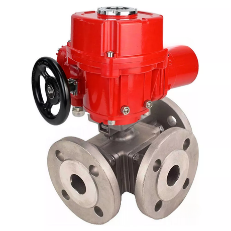 Ball valves Elephant BV3232P(4pc)-FP-3WL-F-ISO-H full bore three-way, stainless steel SS316, flanged, seal - PTFE, with quarter-turn electric drive Elephant QT-EX-M-O2-380VAC-U1 with torque couplings and steering wheel