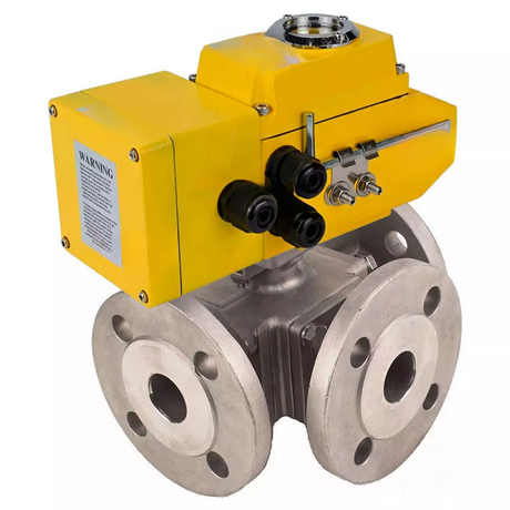 Ball valves Elephant BV3232P(4pc)-FP-3WL-F-ISO-H full bore three-way, stainless steel SS316, flanged, seal - PTFE, with quarter-turn electric drive Elephant QT-N-EM-A1-24VDC-U1