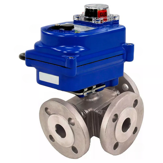 Ball valves Elephant BV3232P(4pc)-FP-3WL-F-ISO-H full bore three-way, stainless steel SS316, flanged, seal - PTFE, with quarter-turn electric drive Elephant QT-N-EM-O1-220VAC-U1 blue