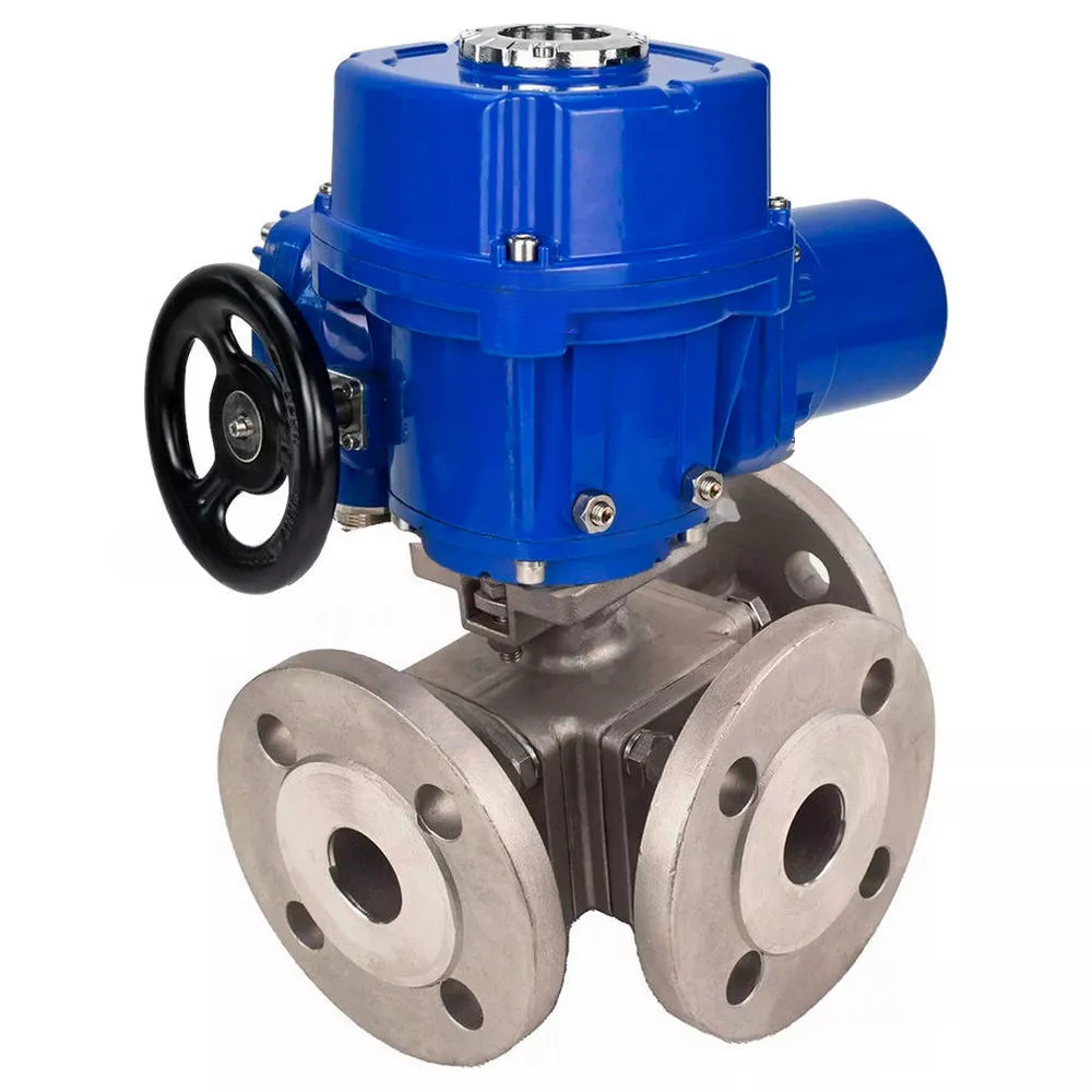 Ball valves Elephant BV3232P(4pc)-FP-3WL-F-ISO-H full bore three-way, stainless steel SS316, flanged, seal - PTFE, with quarter-turn electric drive Elephant QT-N-M-O2-380VAC-U1 with torque couplings and steering wheel