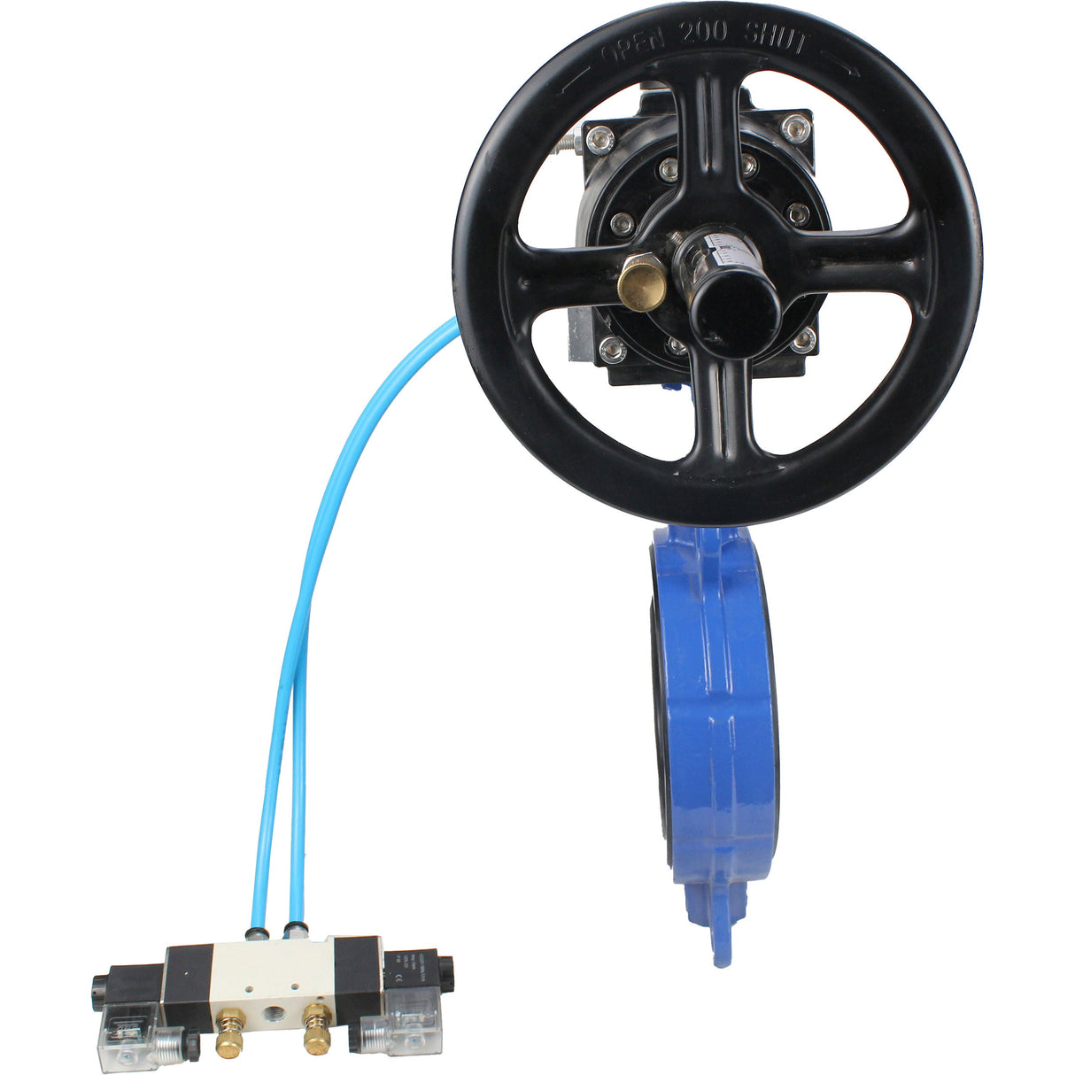 Water Butterfly Valve Elephant WBV1132N-2W-Fb body material - Cast iron GG25/EN-GJL-250, disk material - Stainless steel AISI 316L/1.4404, seal - NBR with pneumatic actuator double acting PA-DA-105-1, pneumatic distributor 4V320-08 220V