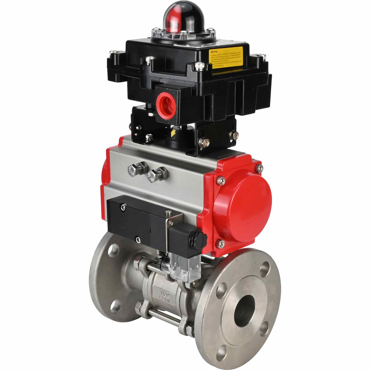 Stainless steel ball valve Elephant BVFPT-ISO.316.180 three-part, body material - stainless steel SS316, seal - PTFE, flanged, full port, pneumatic actuator Elephant SA, pneumatic distributor 4M310-08 24 V, limit switch block APL-410N EX