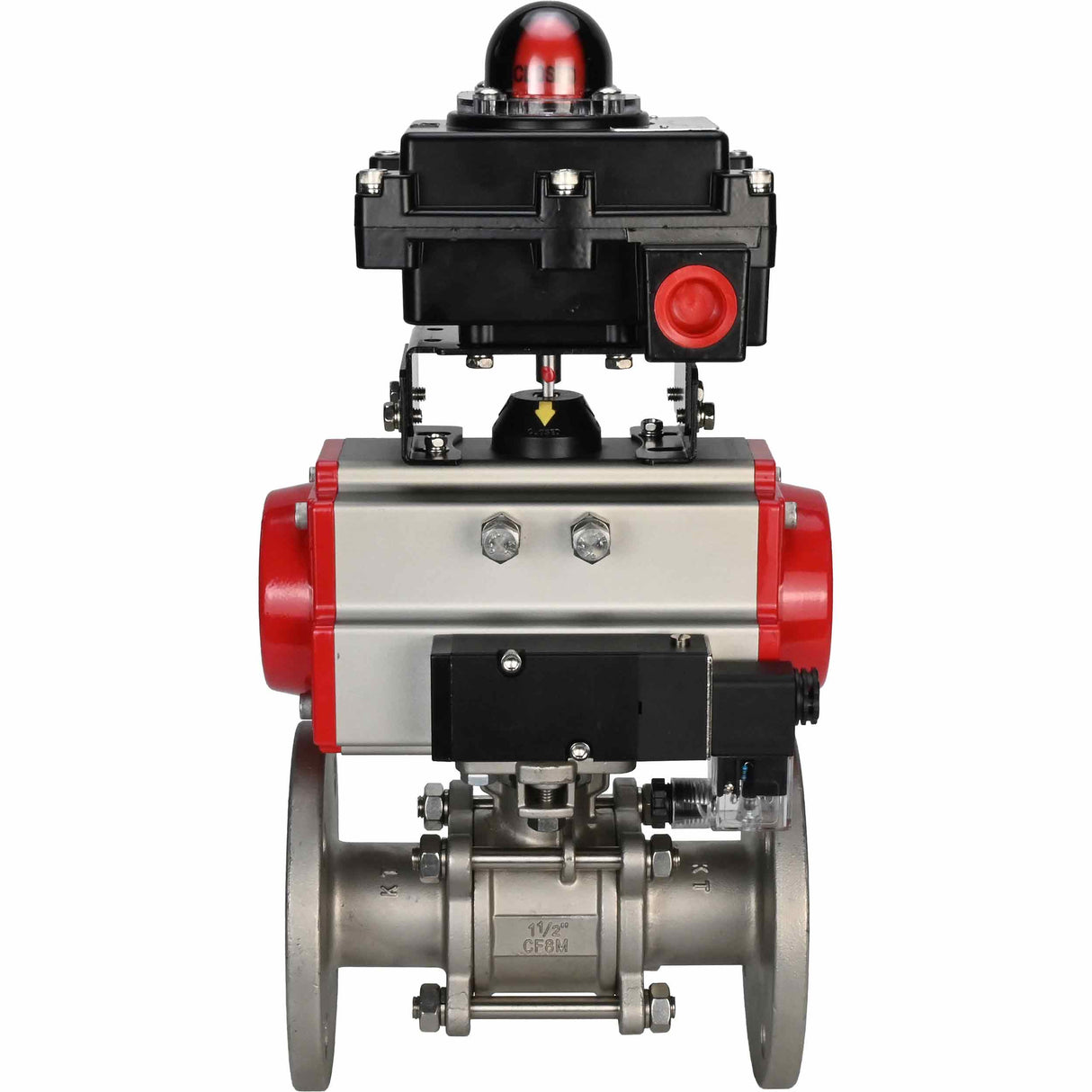 Stainless steel ball valve Elephant BVFPT-ISO.304.180 three-part, body material - stainless steel SS304, seal - PTFE, flanged, full port, pneumatic actuator Elephant DA, pneumatic distributor 4M310-08 24 V, limit switch block APL-410N EX