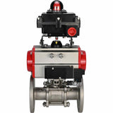 Stainless steel ball valve Elephant BVFPT-ISO.304.180 three-part, body material - stainless steel SS304, seal - PTFE, flanged, full port, pneumatic actuator Elephant SA, pneumatic distributor 4M310-08 24 V, limit switch block APL-410N EX