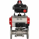 Stainless steel ball valve Elephant BVFPT-ISO.316.180 three-part, body material - stainless steel SS316, seal - PTFE, flanged, full port, pneumatic actuator Elephant SA, pneumatic distributor 4M310-08 24 V, limit switch block APL-410N EX