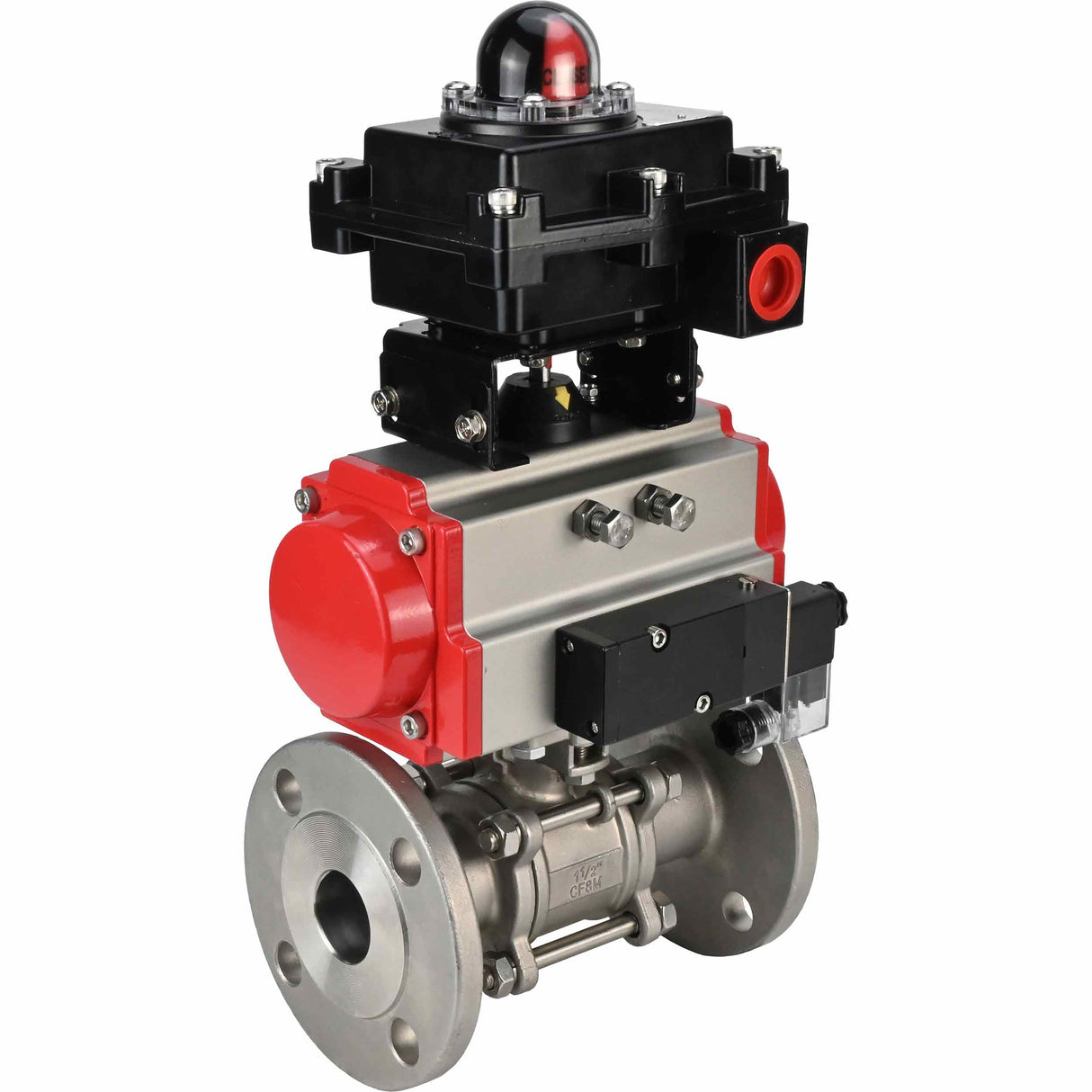 Stainless steel ball valve Elephant BVFPT-ISO.316.180 three-part, body material - stainless steel SS316, seal - PTFE, flanged, full port, pneumatic actuator Elephant SA, pneumatic distributor 4M310-08 24 V, limit switch block APL-410N EX