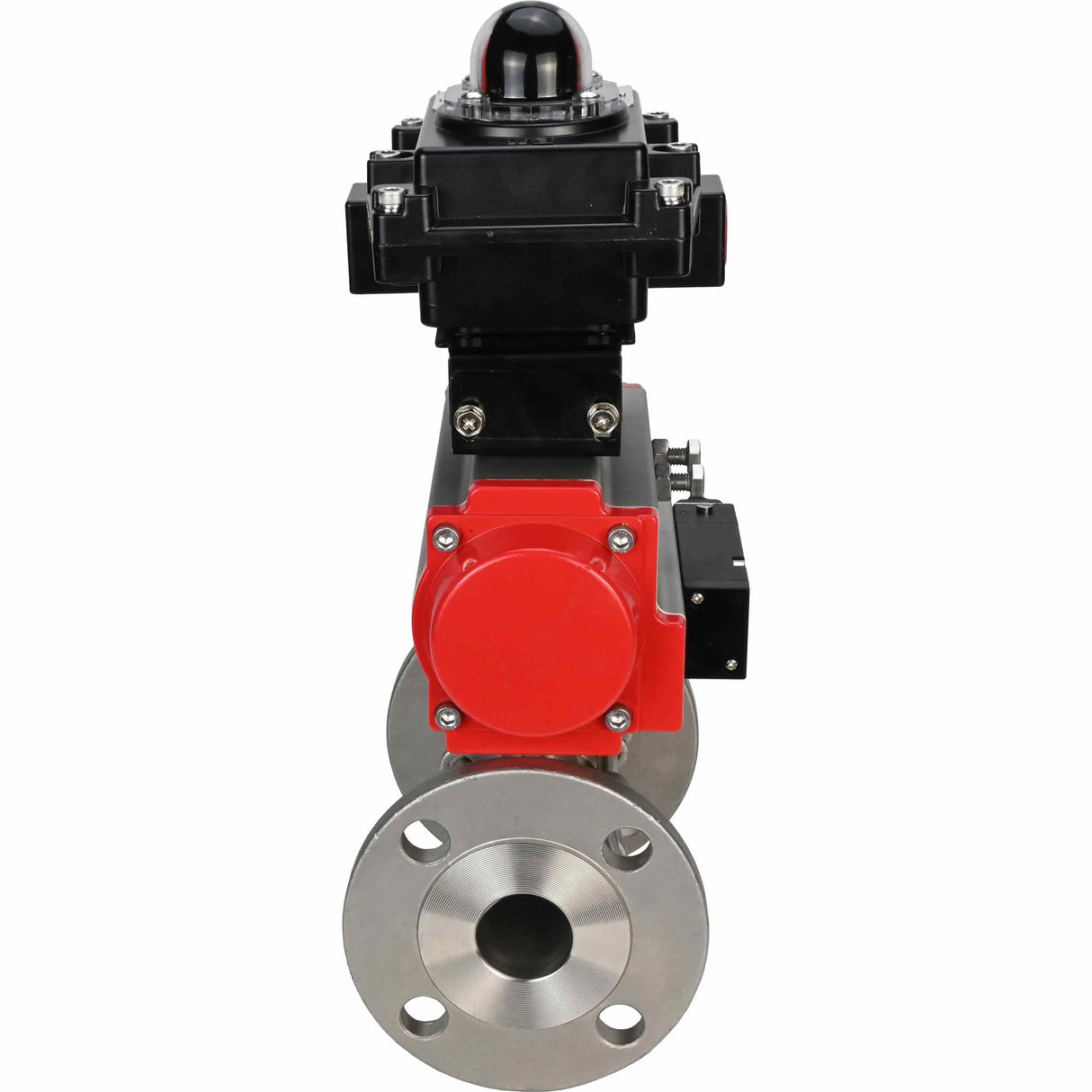 Stainless steel ball valve Elephant BVFPT-ISO.316.180 three-part, body material - stainless steel SS316, seal - PTFE, flanged, full port, pneumatic actuator Elephant SA, pneumatic distributor 4M310-08 24 V, limit switch block APL-410N EX