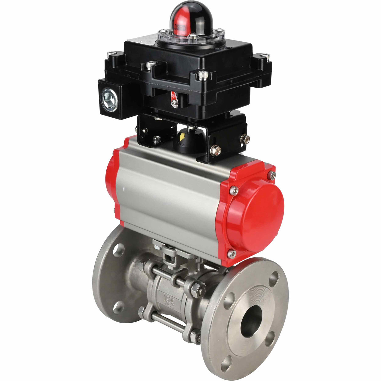 Stainless steel ball valve Elephant BVFPT-ISO.316.180 three-part, body material - stainless steel SS316, seal - PTFE, flanged, full port, pneumatic actuator Elephant SA, pneumatic distributor 4M310-08 24 V, limit switch block APL-410N EX