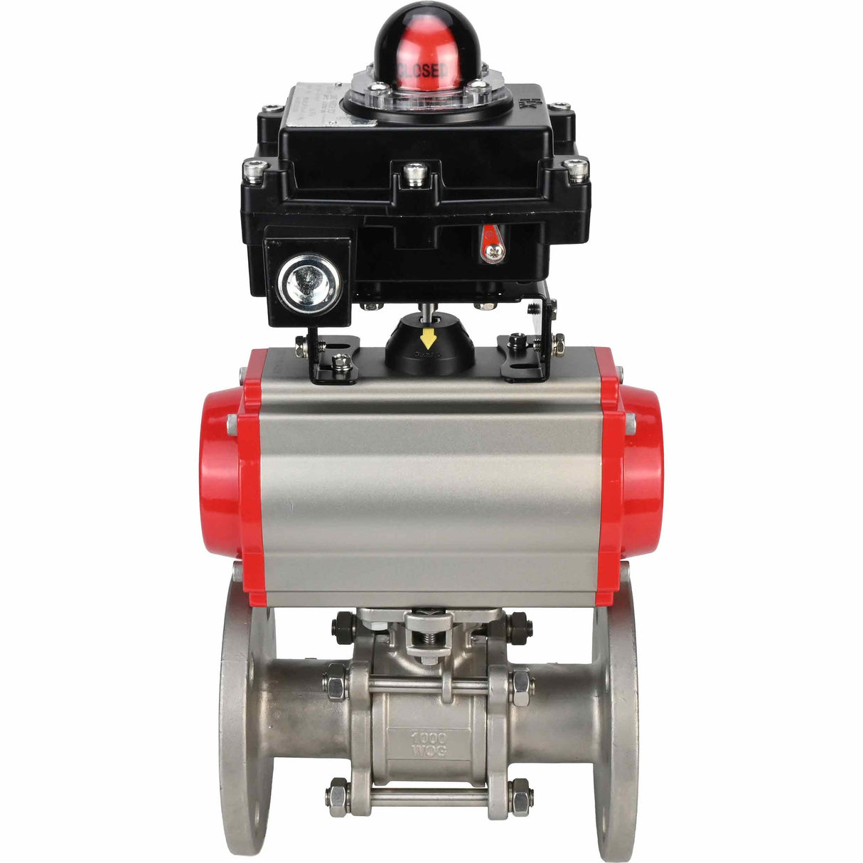 Stainless steel ball valve Elephant BVFPT-ISO.316.180 three-part, body material - stainless steel SS316, seal - PTFE, flanged, full port, pneumatic actuator Elephant SA, pneumatic distributor 4M310-08 24 V, limit switch block APL-410N EX