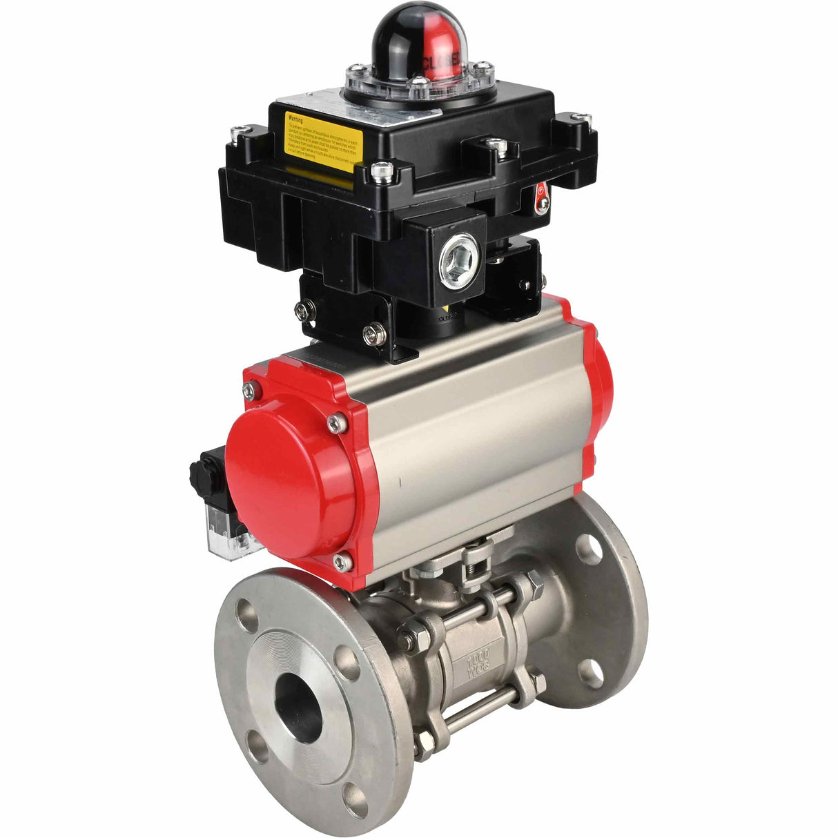 Stainless steel ball valve Elephant BVFPT-ISO.316.180 three-part, body material - stainless steel SS316, seal - PTFE, flanged, full port, pneumatic actuator Elephant SA, pneumatic distributor 4M310-08 24 V, limit switch block APL-410N EX