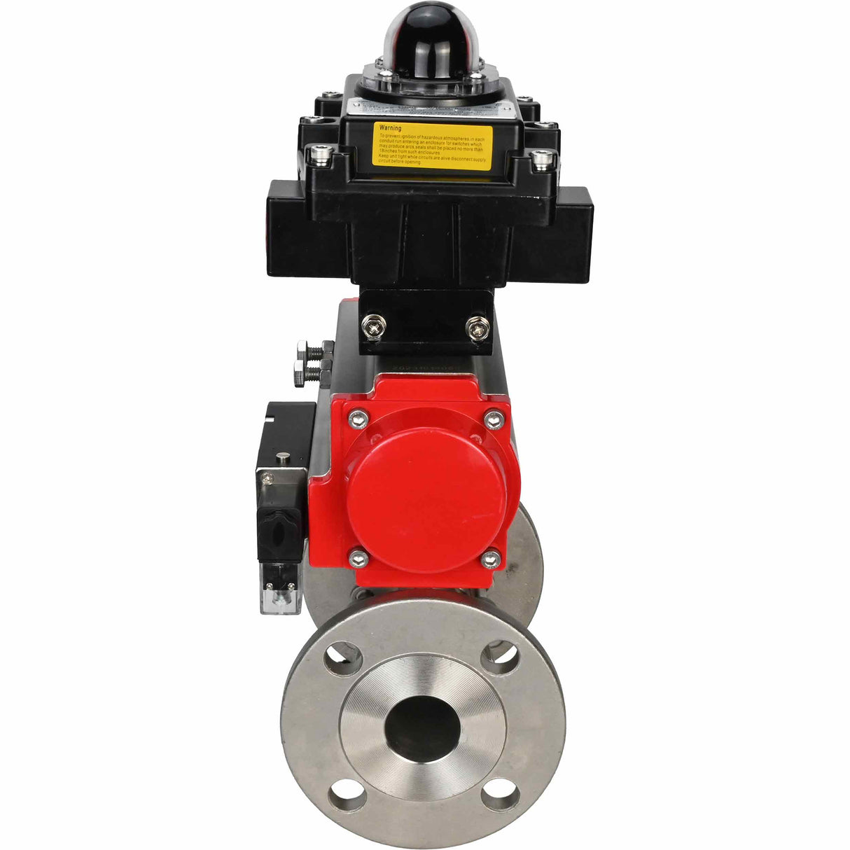 Stainless steel ball valve Elephant BVFPT-ISO.304.180 three-part, body material - stainless steel SS304, seal - PTFE, flanged, full port, pneumatic actuator Elephant DA, pneumatic distributor 4M310-08 24 V, limit switch block APL-410N EX