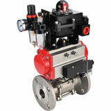 Stainless steel ball valve Elephant BVFPT-ISO.316.180 three-part, body material - stainless steel SS316, seal - PTFE, flanged, full port, pneumatic actuator Elephant SA, pneumatic distributor 4M310-08 24 V, limit switch block APL-410N EX, air