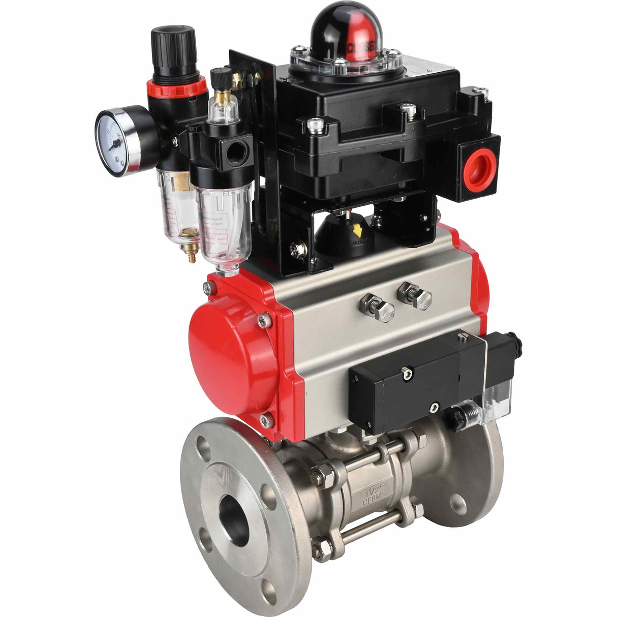 Stainless steel ball valve Elephant BVFPT-ISO.304.180 three-part, body material - stainless steel SS304, seal - PTFE, flanged, full port, pneumatic actuator Elephant DA, pneumatic distributor 4M310-08 220 V, limit switch block APL-410N EX, air
