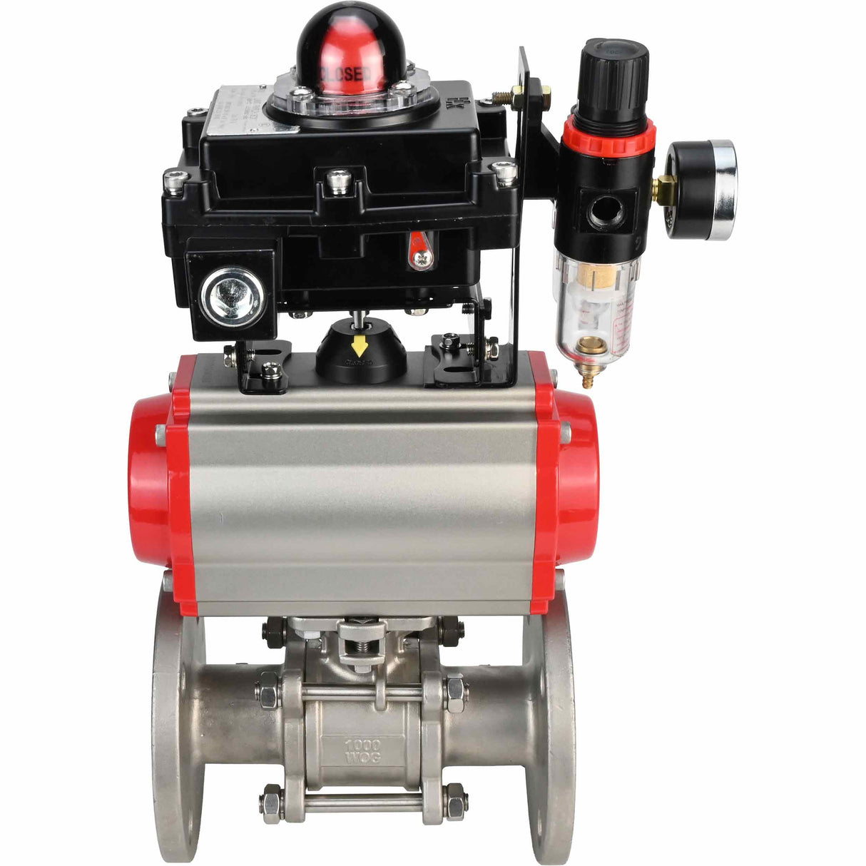 Stainless steel ball valve Elephant BVFPT-ISO.304.180 three-part, body material - stainless steel SS304, seal - PTFE, flanged, full port, pneumatic actuator Elephant SA, pneumatic distributor 4M310-08 220 V, limit switch block APL-410N EX, air