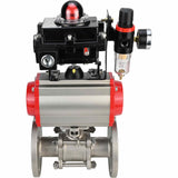 Stainless steel ball valve Elephant BVFPT-ISO.304.180 three-part, body material - stainless steel SS304, seal - PTFE, flanged, full port, pneumatic actuator Elephant SA, pneumatic distributor 4M310-08 220 V, limit switch block APL-410N EX, air