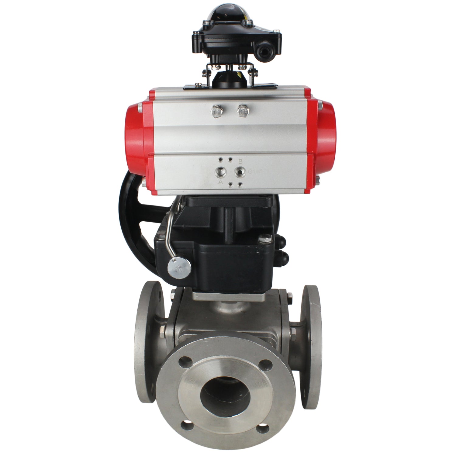 Ball valves Elephant BV3232P(4pc)-FP-3WL-F-ISO-H 16 bar full bore, flanged, body - stainless steel SS316, ISO flange F03/F04-F10/F12, square 9x9-19x19, with pneumatic drive PA-DA double action, LSU APL-210N and manual Doubler MON3-700-T38