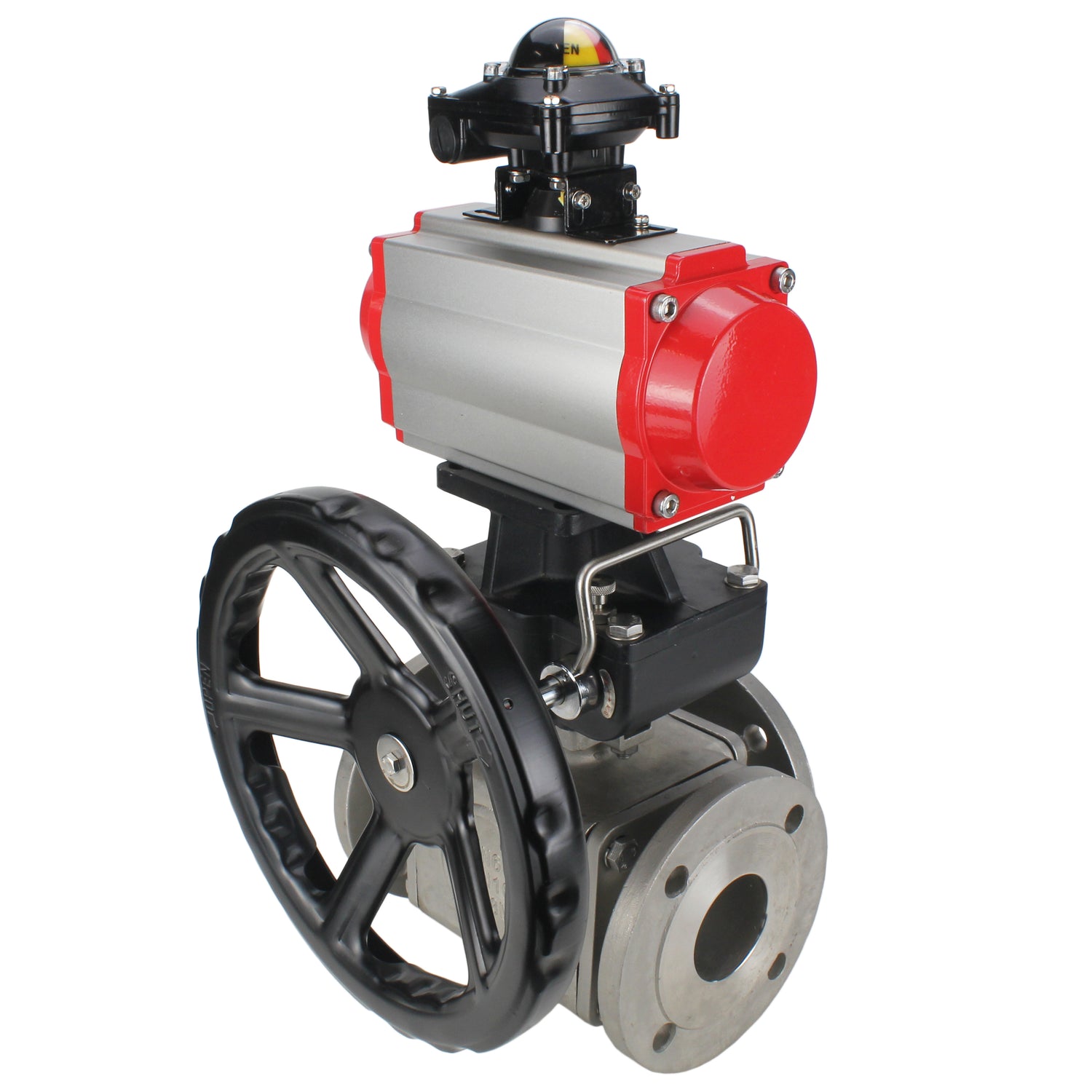 Ball valves Elephant BV3232P(4pc)-FP-3WL-F-ISO-H 16 bar full bore, flanged, body - stainless steel SS316, ISO flange F03/F04-F10/F12, square 9x9-19x19, with pneumatic drive PA-DA double action, LSU APL-210N and manual Doubler MON3-700-T38