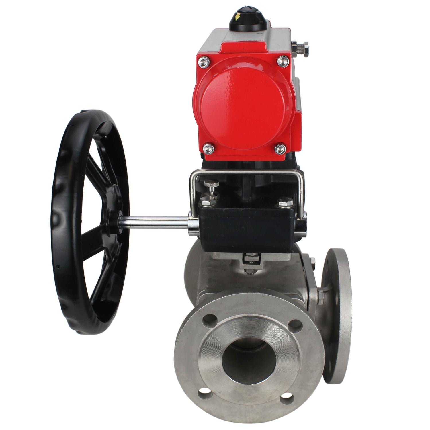 Ball valves Elephant BV3232P(4pc)-FP-3WL-F-ISO-H 16 bar full bore, flanged, body - stainless steel SS316, ISO flange F03/F04-F10/F12, square 9x9-19x19, with pneumatic drive Elephant PA-DA double action and manual Doubler MON3-700-T38-ISO