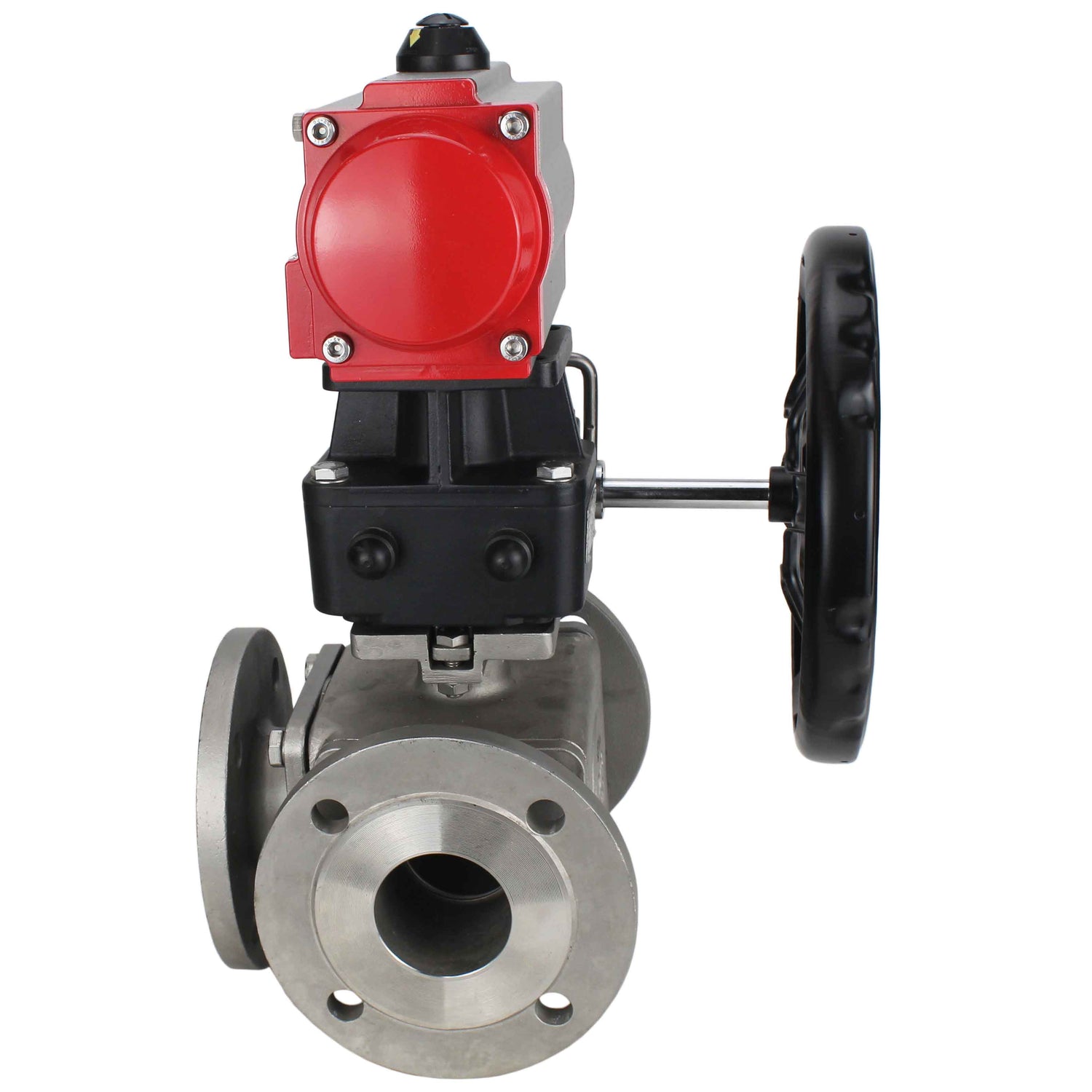 Ball valves Elephant BV3232P(4pc)-FP-3WL-F-ISO-H 16 bar full bore, flanged, body - stainless steel SS316, ISO flange F03/F04-F10/F12, square 9x9-19x19, with pneumatic drive Elephant PA-DA double action and manual Doubler MON3-700-T38-ISO